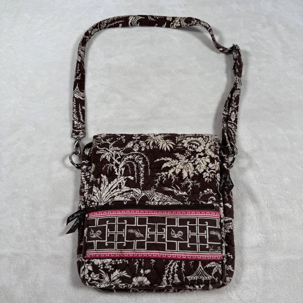 Vera‎ Bradley Quilted Crossbody Bag Java Blue Brown Floral Pagoda Birds Retired